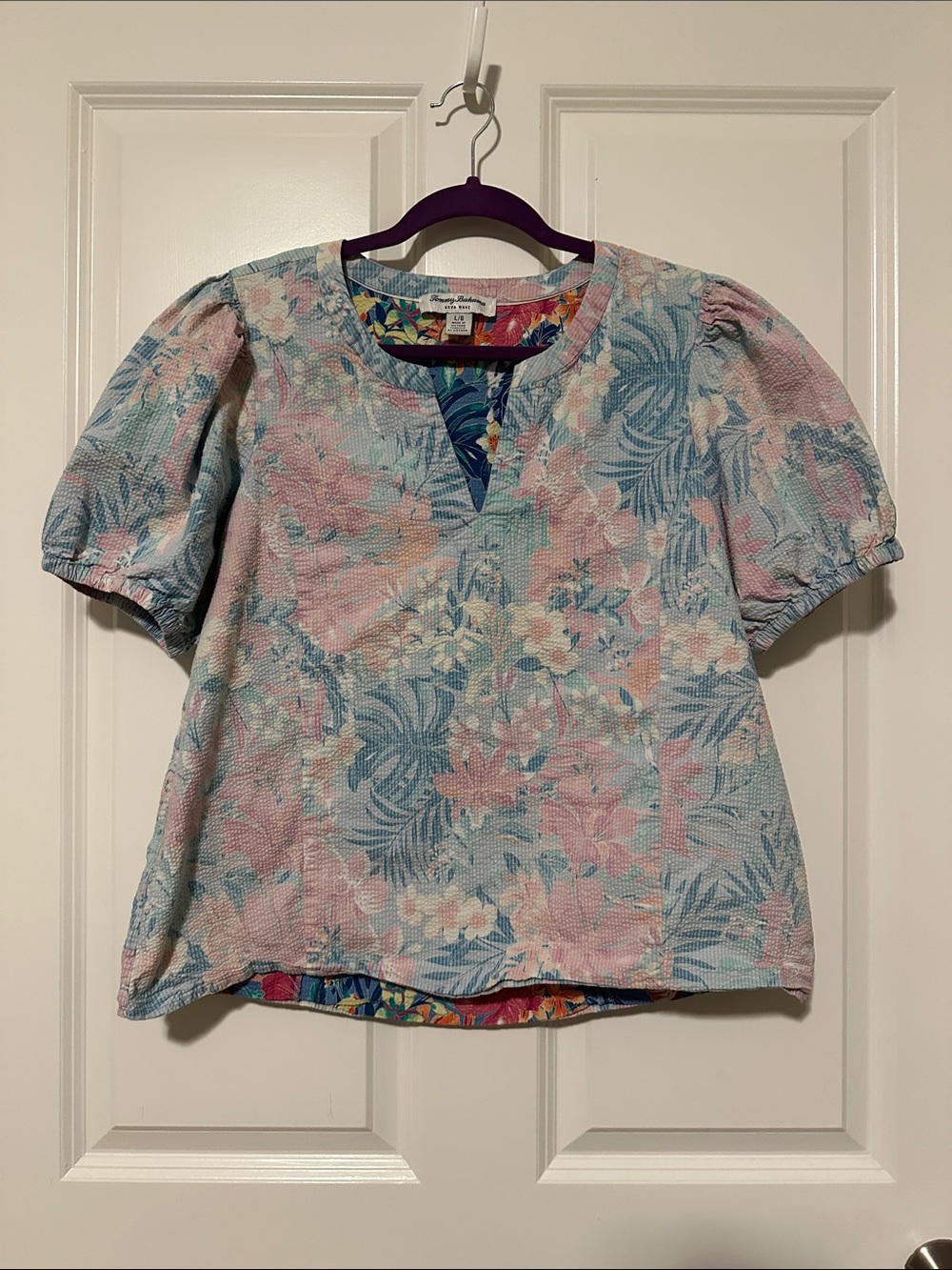 Tommy Bahama Pastel Floral Puff-Sleeve Blouse - Light Blue & Pink Large
